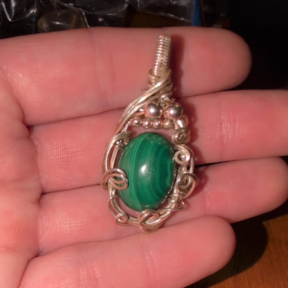 Silver Malachite Wire Wrapped Pendant - Picture 6 of 7